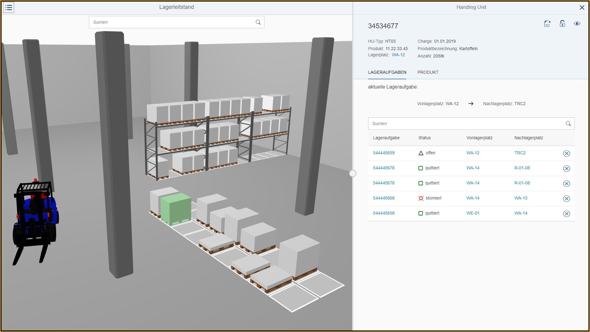 SWAN 3D Logistics Cockpit - Lageransicht mit Aufträgen aus SAP